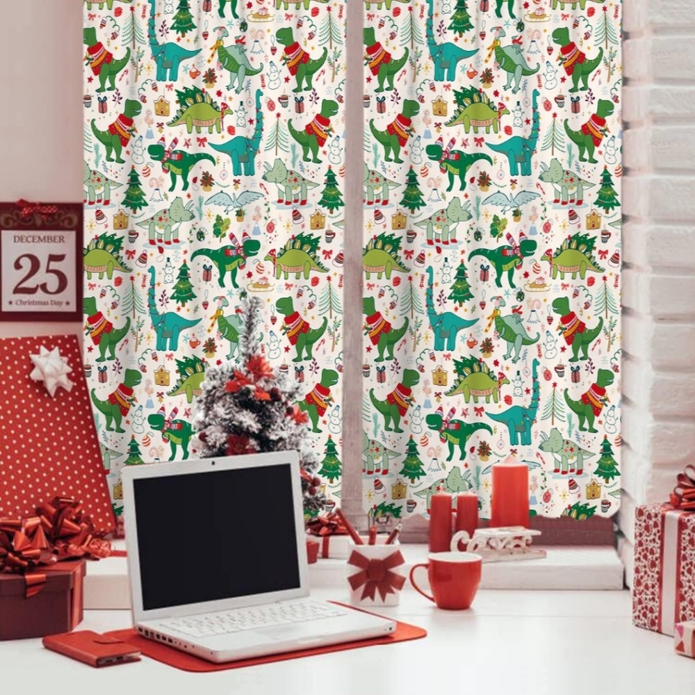 Sevendec Cartoon Christmas Dinosaur Curtains for Kids Room Cute Pattern